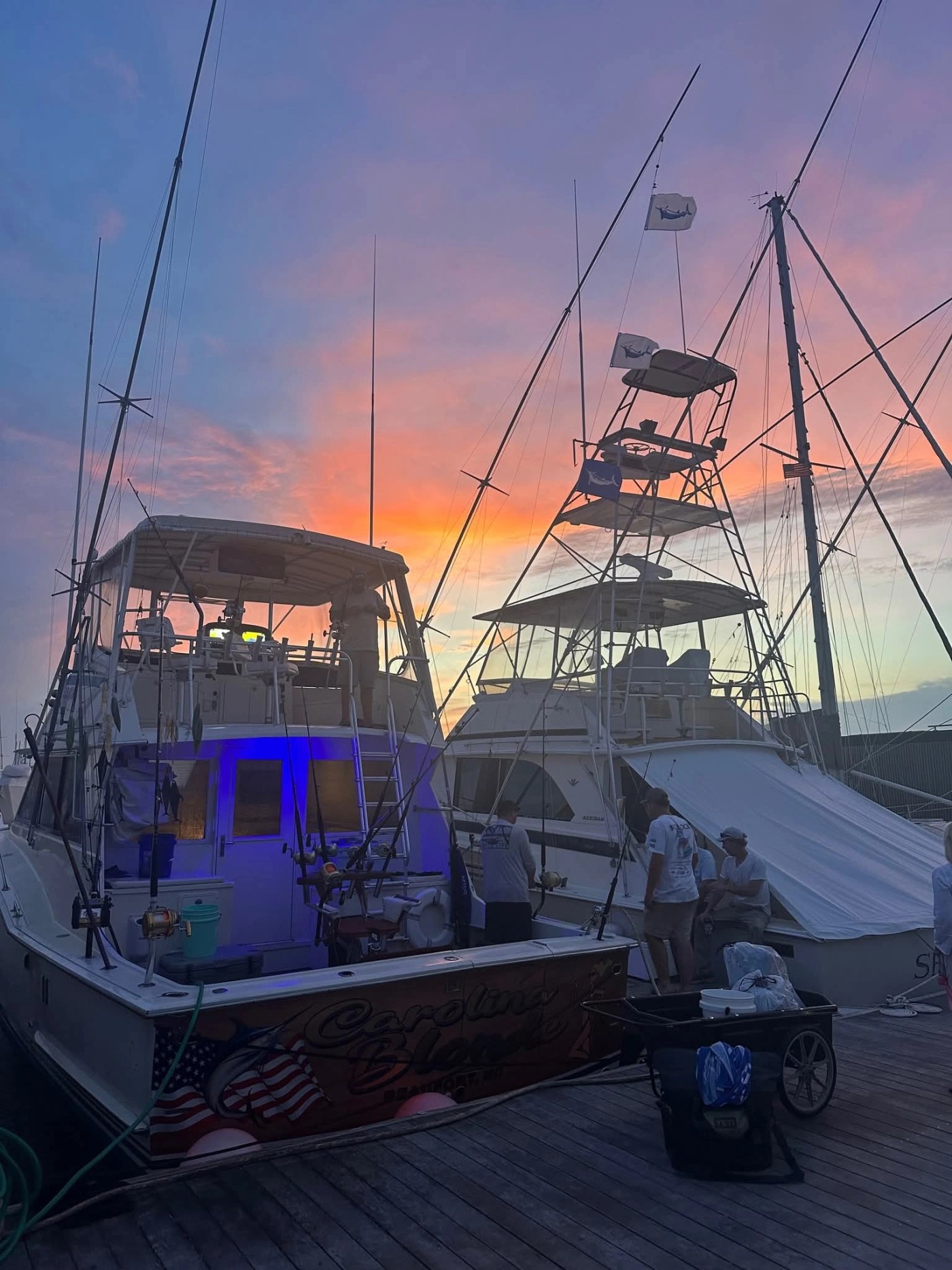 Sportfishing boats at dusk